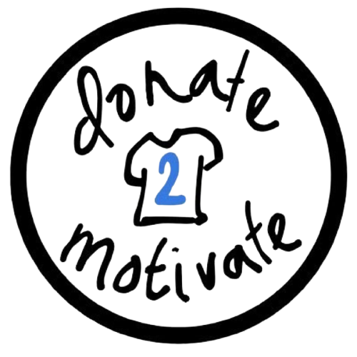 Donate2Motivate Logo - Black circle with hand written Donate & Motivate around a tshirt with a blue 2 inside
